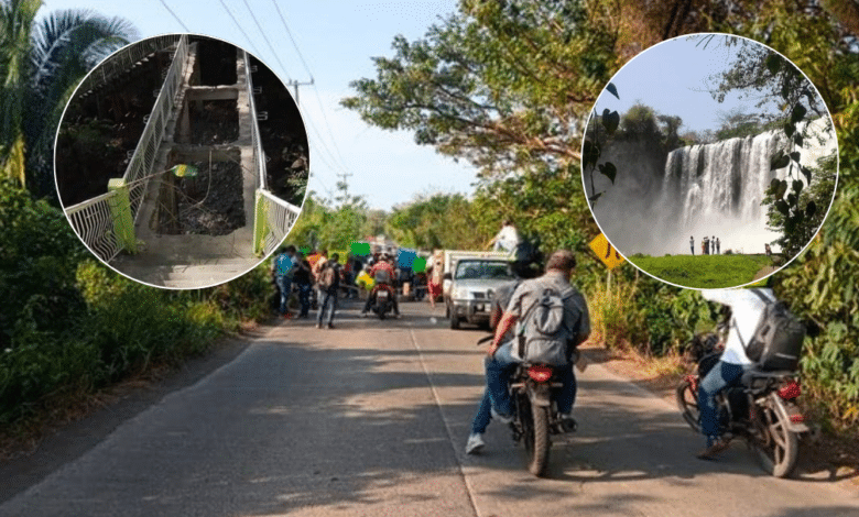 Bloquen carretera tras derrumbe de escaleras del Salto de Eyipantla