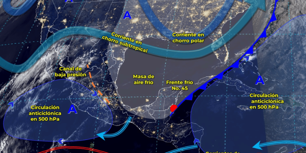 Frente frío 45 ocasionará chubasco con lluvias en la Península de Yucatán