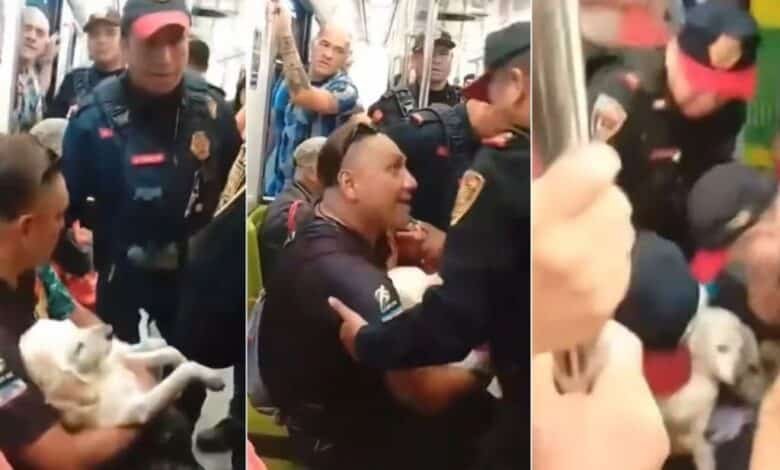 Policías sacan a hombre con perrito herido del Metro CDMX