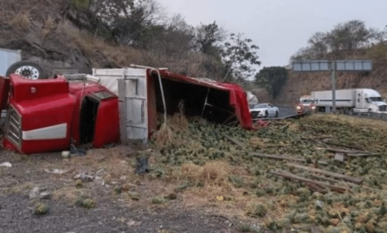 Vuelca camión cargado de toneladas de piña en Veracruz