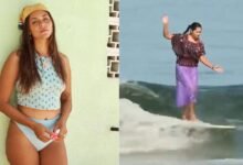 Surfista mexicana Patricia Ornelas desafía olas con vestido huipil