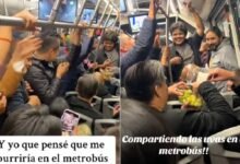 Pasajeros del Metrobús celebran Año Nuevo 2025 compartiendo uvas