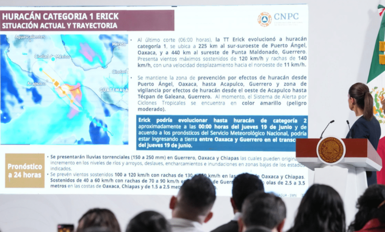 Presidenta Claudia Sheinbaum llama a resguardarse ante llegada del huracán Erick en Guerrero y Oaxaca