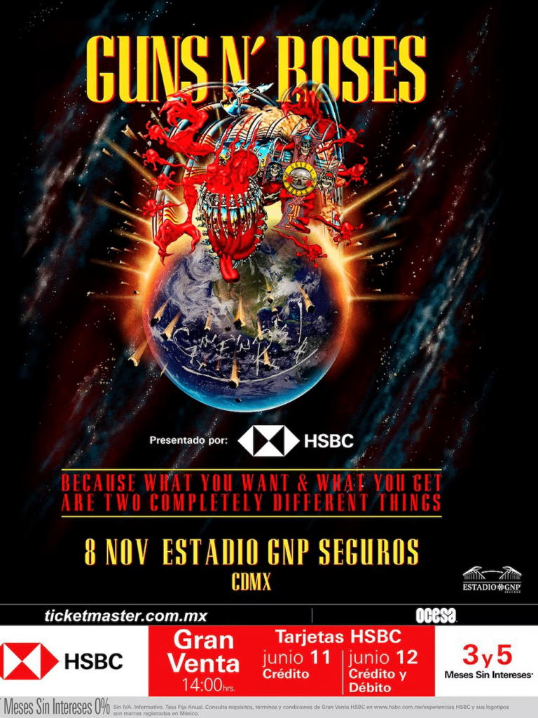 Guns N' Roses,concierto Guns N' Roses México,Estadio GNP Seguros,Axl Rose,Slash,Duff McKagan,gira Latinoamérica,preventa HSBC,Ticketmaster México,rock internacional,conciertos CDMX,hard rock,boletos Guns N' Roses,Appetite for Destruction,Use Your Illusion,conciertos noviembre 2025