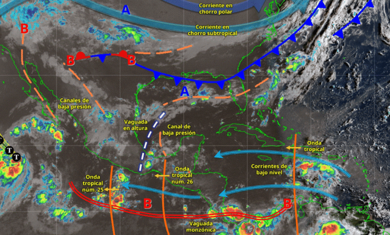 Este día, el monzón mexicano en interacción con inestabilidad atmosférica, ocasionarán lluvias puntuales intensas en Sinaloa y Nayarit; muy fuertes en Chihuahua y Durango; fuertes en Sonora y Baja California Sur; así como chubascos en Baja California; todas con descargas eléctricas.