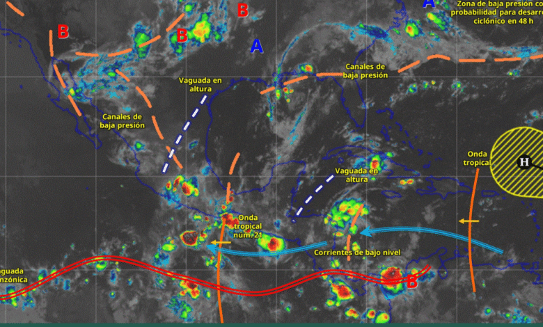 Este día, el monzón mexicano, en combinación con inestabilidad atmosférica, originarán lluvias puntuales intensas en el sur de Sinaloa y Nayarit; lluvias fuertes a muy fuertes en el noroeste del país.
