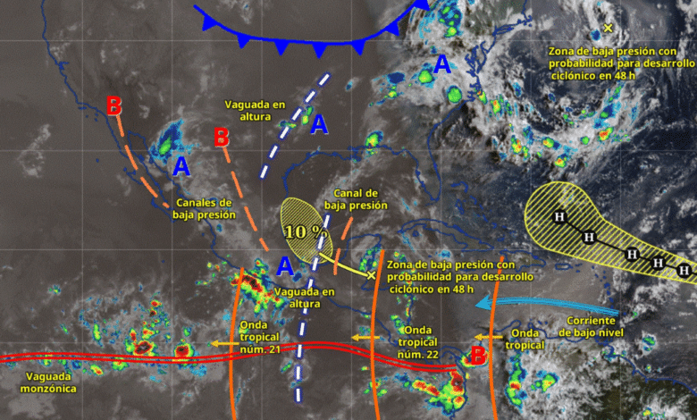 Para hoy, el monzón mexicano en interacción con inestabilidad atmosférica, mantendrá la probabilidad de lluvias puntuales muy fuertes en Nayarit, Sinaloa, Durango y Chihuahua; puntuales fuertes en Sonora; intervalos de chubascos en Baja California Sur y lluvias aisladas en zonas de Baja California.