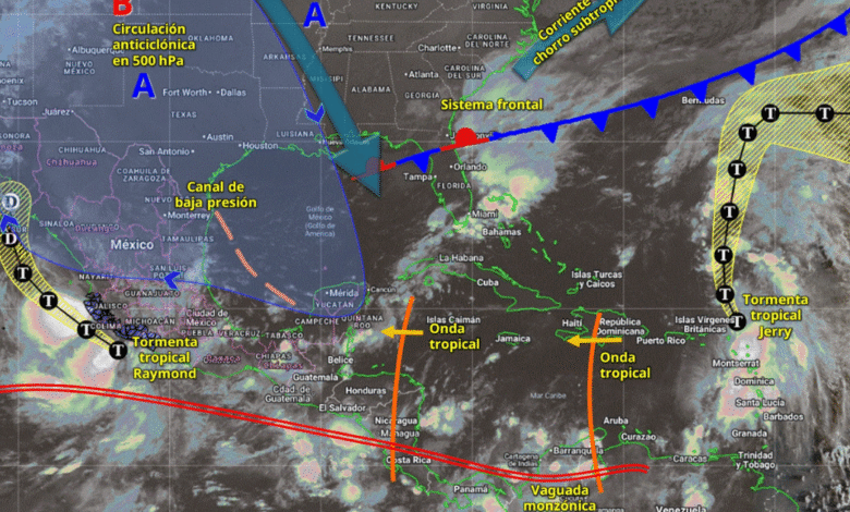 Este día, la tormenta tropical Raymond se desplazará de forma paralela a las costas de Guerrero y Michoacán, generando lluvias puntuales intensas en Jalisco, Colima, Michoacán y Guerrero (suroeste), así como lluvias muy fuertes en Nayarit.