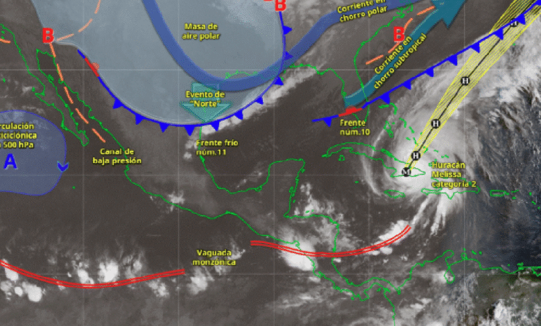 Este día, el frente frío núm. 11 y la masa de aire polar que lo impulsa se desplazarán rápidamente sobre la vertiente del golfo de México, originando lluvias fuertes a muy fuertes en el oriente y sureste mexicano, y chubascos en la península de Yucatán; así como lluvias puntuales intensas en zonas de Veracruz, Oaxaca y Tabasco.