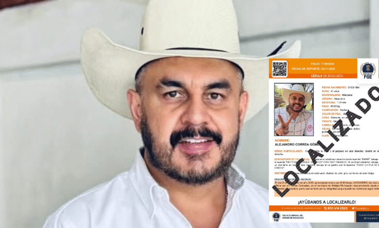 El ex presidente municipal de Zinapécuaro, Alejandro Correa Gómez, fue encontrado con vida tras haber sido reportado como desaparecido desde el 2 de noviembre.