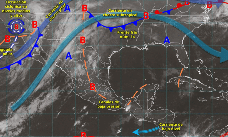 Para hoy, el frente frío núm. 15 asociado con una vaguada polar y con una circulación ciclónica en niveles medios y altos de la atmósfera