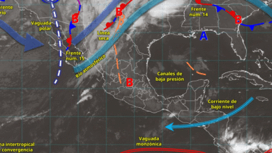 Este día, el frente núm. 15 se desplazará sobre el norte y noreste del país, en interacción con una vaguada polar, la corriente en chorro polar y un río atmosférico, mantendrán ambiente frío a muy frío; vientos muy fuertes a intensos, con rachas de 80 a 90 km/h