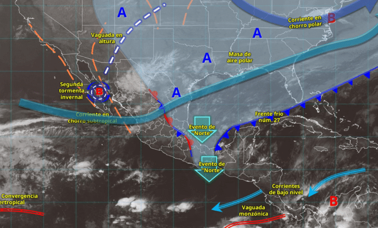 Frente frío 27 provoca lluvias intensas, evento de Norte y posible caída de nieve en varias regiones del país