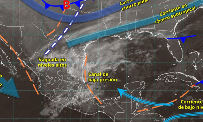 Este día, una vaguada en niveles altos de la atmósfera cruzará el noreste y centro del país, en interacción con la corriente en chorro subtropical e inestabilidad atmosférica, originarán lluvias y chubascos con descargas eléctricas en estados del norte, noreste, occidente y sur del territorio mexicano