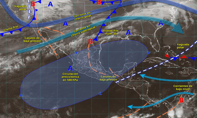 Frente frío 35 provoca lluvias y fuertes vientos en Baja California; persiste ambiente caluroso en gran parte de México