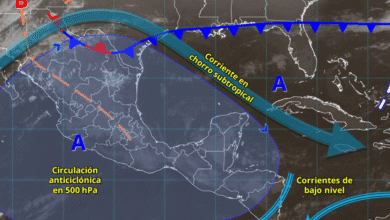 Este día, el frente núm. 34 y una vaguada polar se desplazarán lentamente sobre el noroeste del territorio nacional, en interacción con las corrientes en chorro polar y subtropical, originarán descenso de temperatura, rachas de viento, lluvias y chubascos en dicha región.