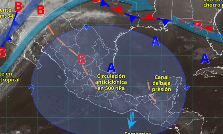 Para hoy, el frente frío núm. 34 se desplazará sobre el noroeste y norte de la República Mexicana, interaccionará con la vaguada polar y con las corrientes en chorro polar y subtropical, ocasionarán vientos fuertes a muy fuertes, lluvias y chubascos en dichas regiones.